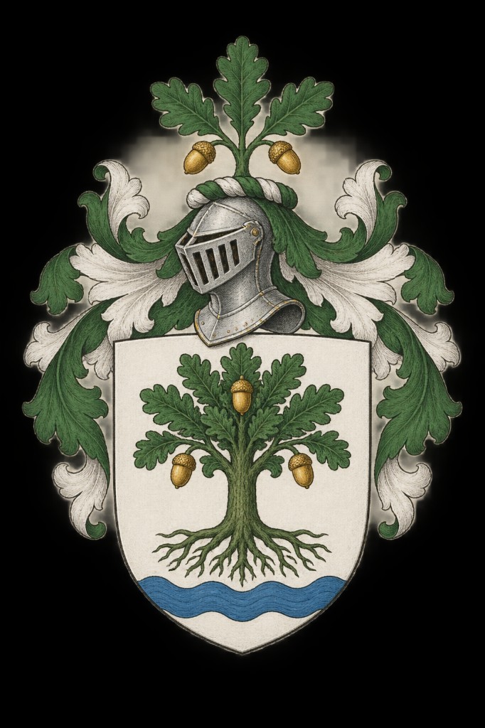 Familiewapen van Verreck: helm met eikenbladeren en eikels, daaronder een schild met een gewortelde eik en drie gouden eikels boven blauw water